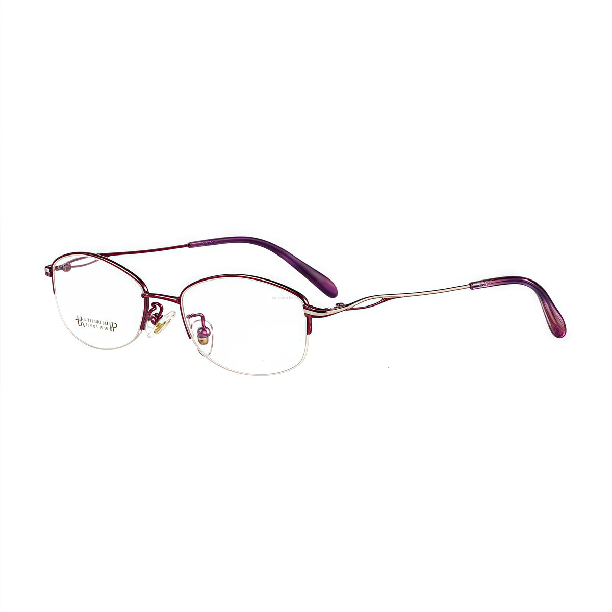 Purple women's elegant metal alloy semi-rimless glasses, original 45-degree product view