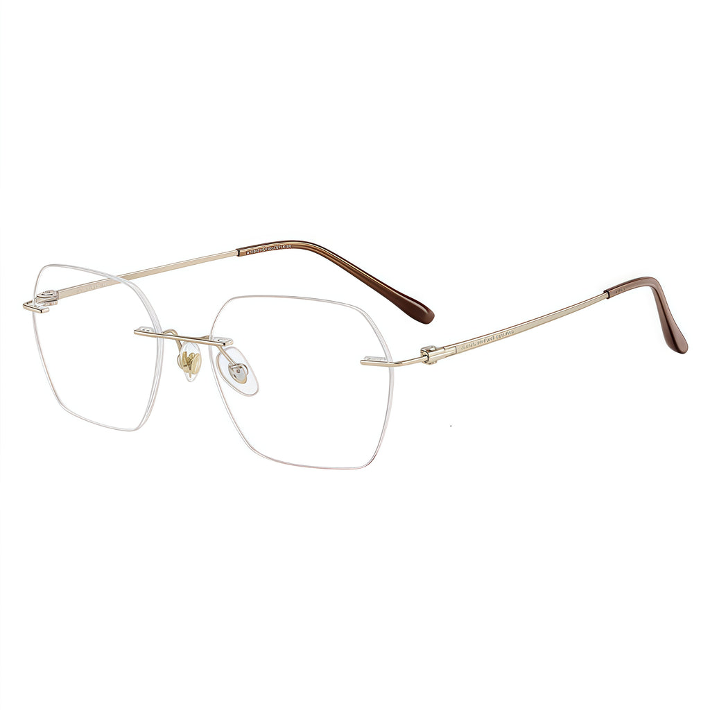 Gold rimless geometric rectangular pure titanium eyeglass frames, supplier front and angle reference
