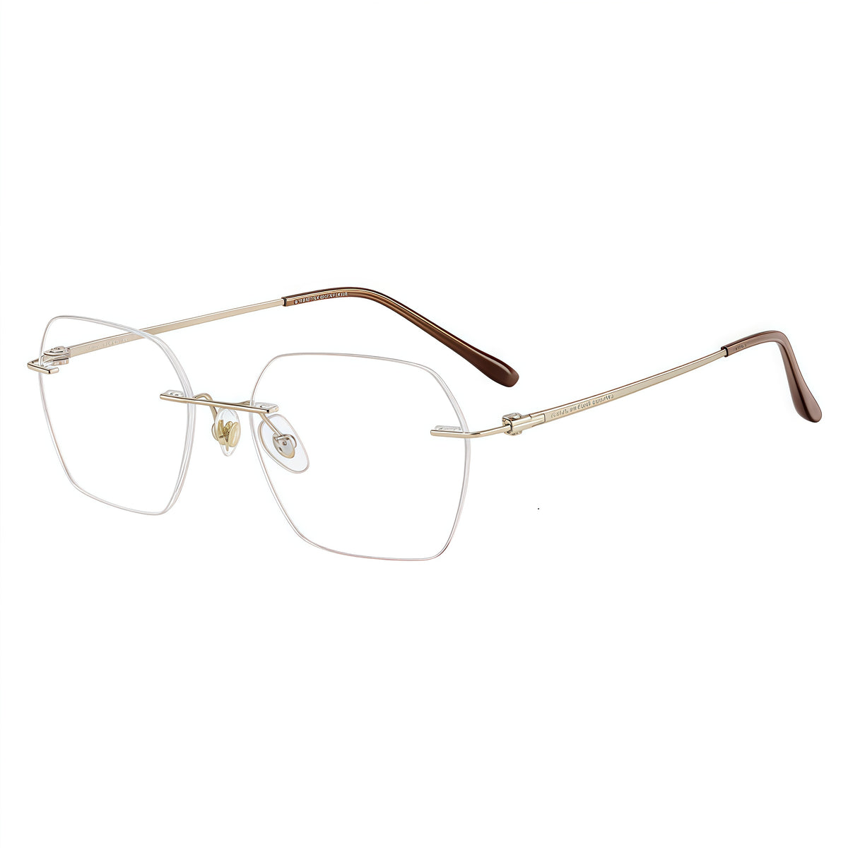 Gold rimless geometric rectangular pure titanium eyeglass frames, supplier front and angle reference