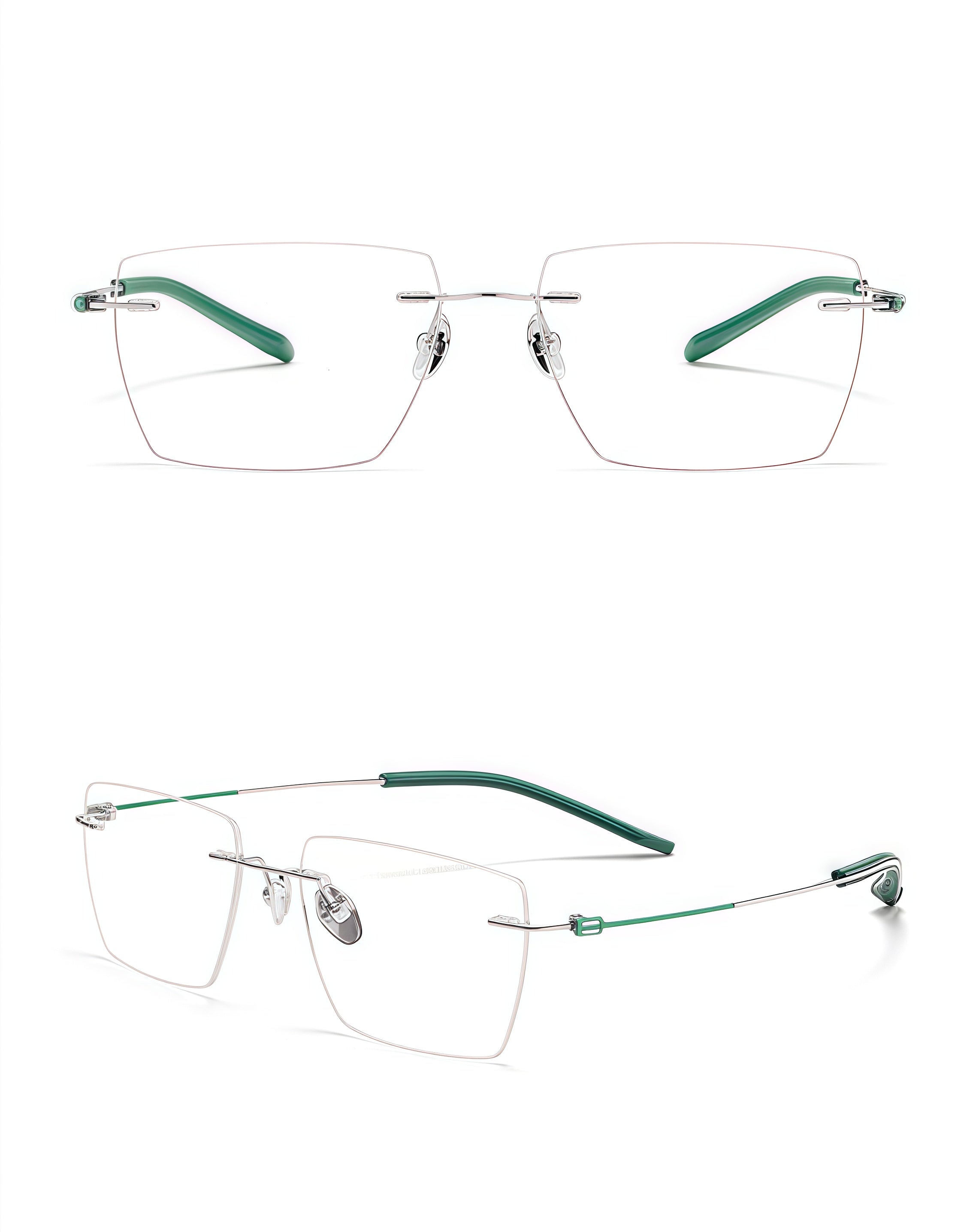 Green/Silver unisex titanium alloy rimless large geometric rectangular glasses, supplier front and three-quarter views