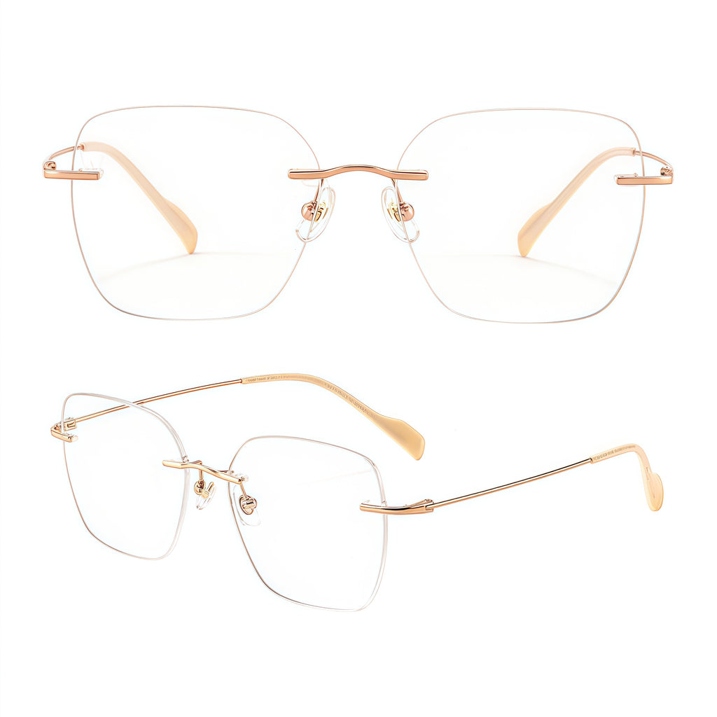 Rose Gold rimless soft-square pure titanium eyeglass frames, supplier front and angle reference