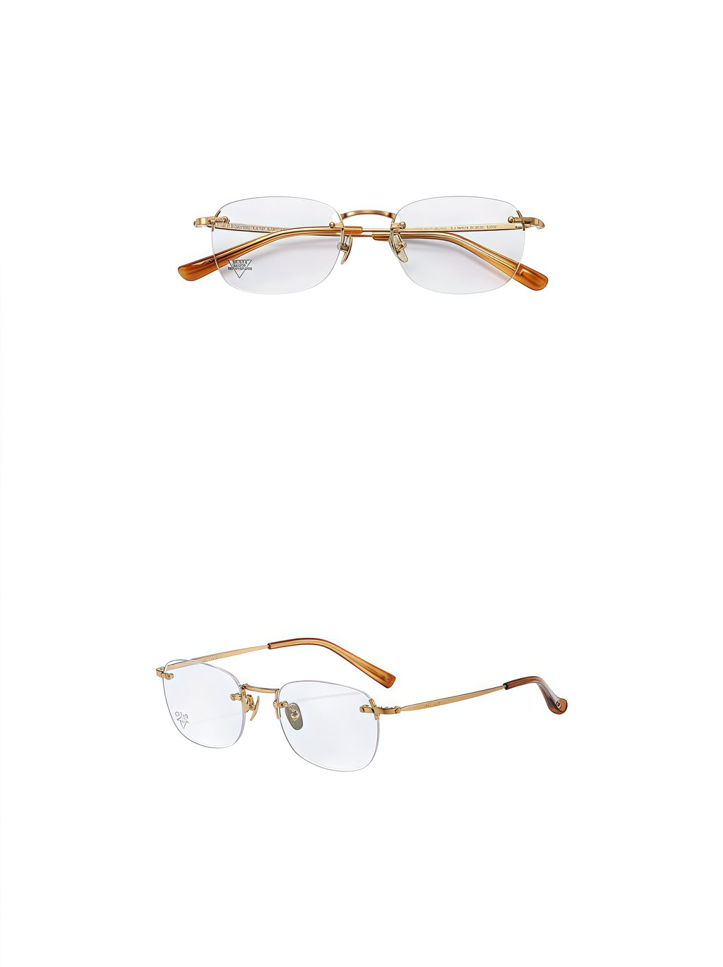 Light Gold/Crystal Orange titanium and acetate rimless glasses, original front and 45-degree product detail