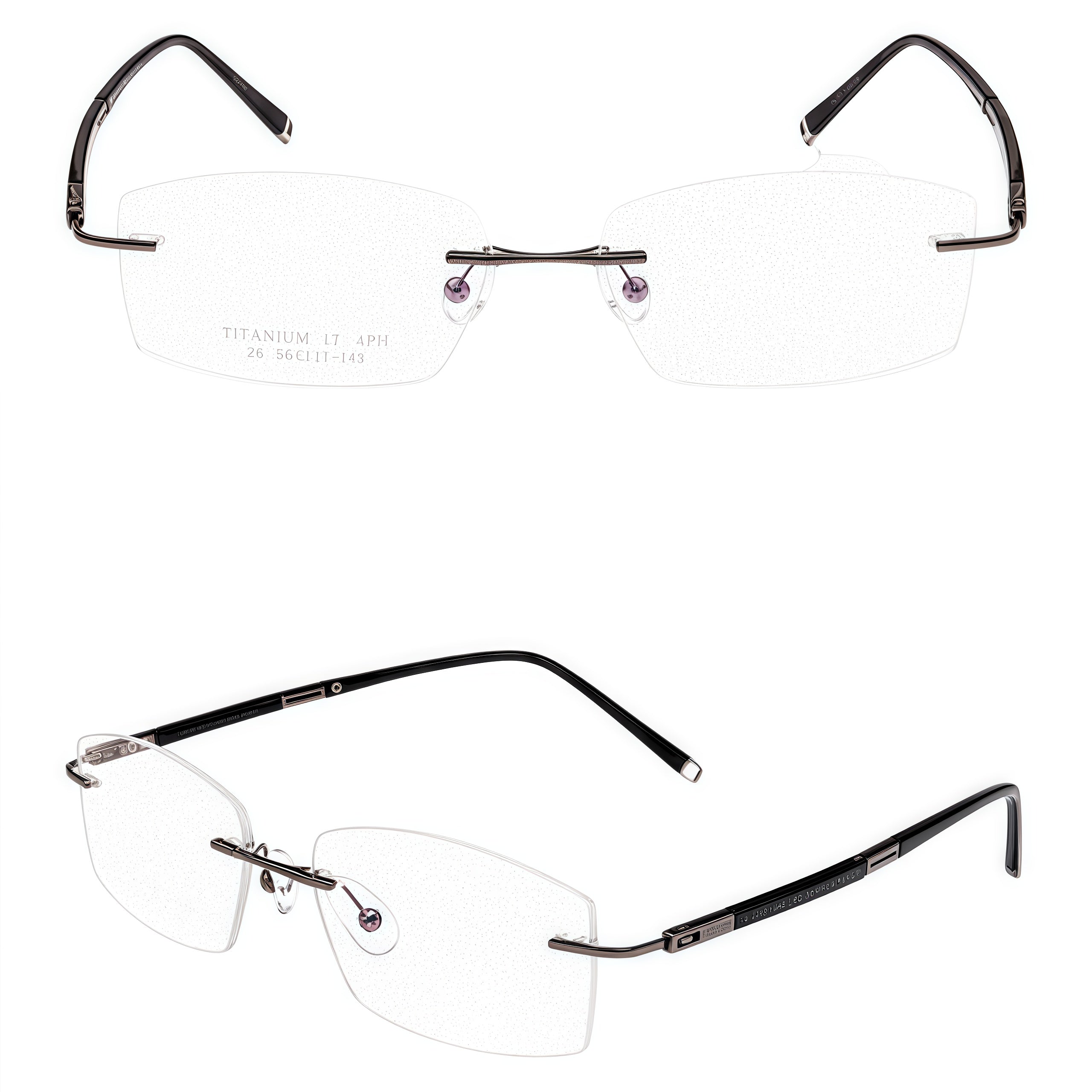 Gunmetal men's titanium rimless rectangular glasses, supplier front and three-quarter views
