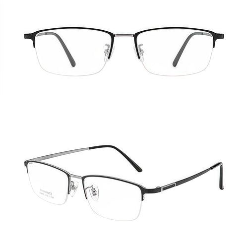 Black/Silver men's semi-titanium semi-rimless glasses, original combined front and 45-degree product views