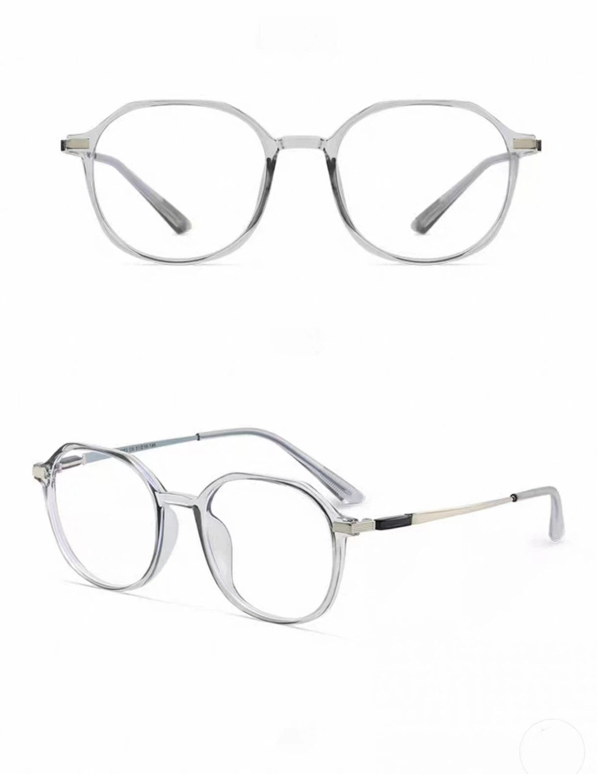 Crystal Gray women's TR90 and alloy full-rim glasses, original front-and-45-degree composite detail