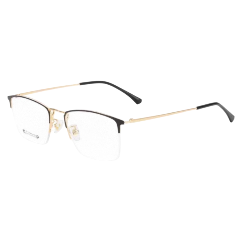 Black and Gold casual rectangular browline profile semi-rimless eyeglass frame, three-quarter product view