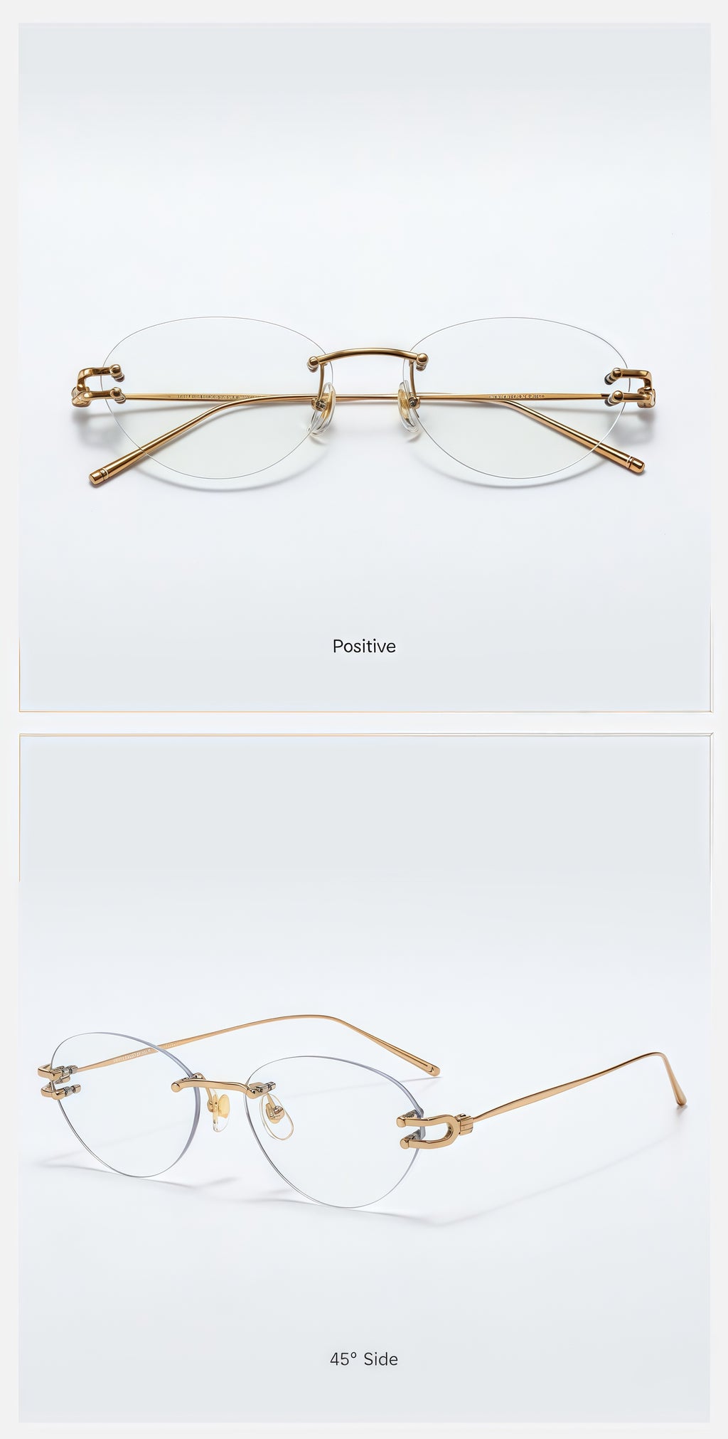 Gold semi-titanium rounded rimless glasses, original front and 45-degree product detail