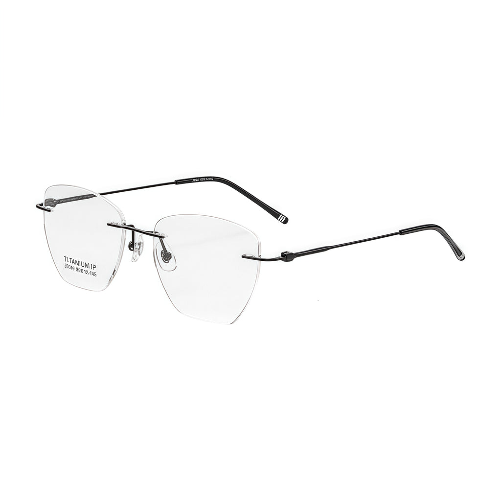 Black unisex pure titanium geometric rimless eyeglasses, 45-degree view