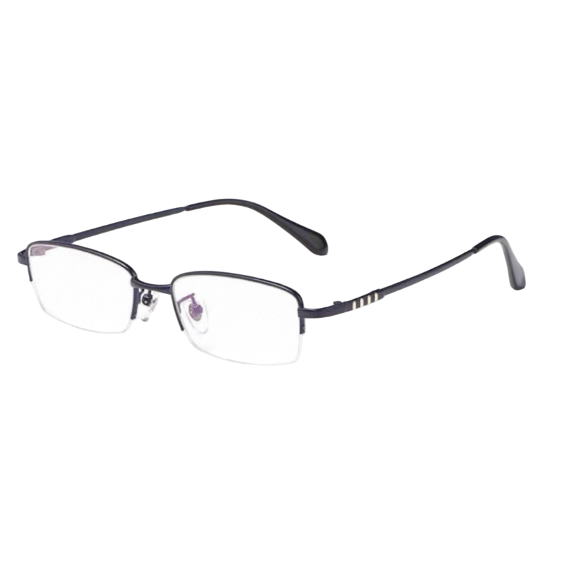 Blue narrow minimalist rectangular profile semi-rimless eyeglass frame, three-quarter product view