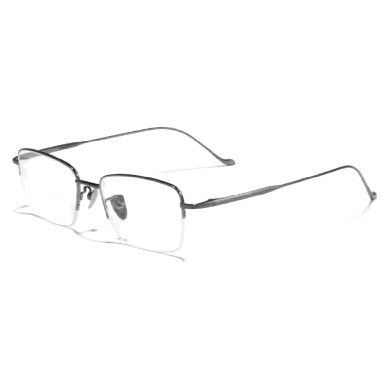 Gunmetal slim professional rectangular profile semi-rimless eyeglass frame, three-quarter product view