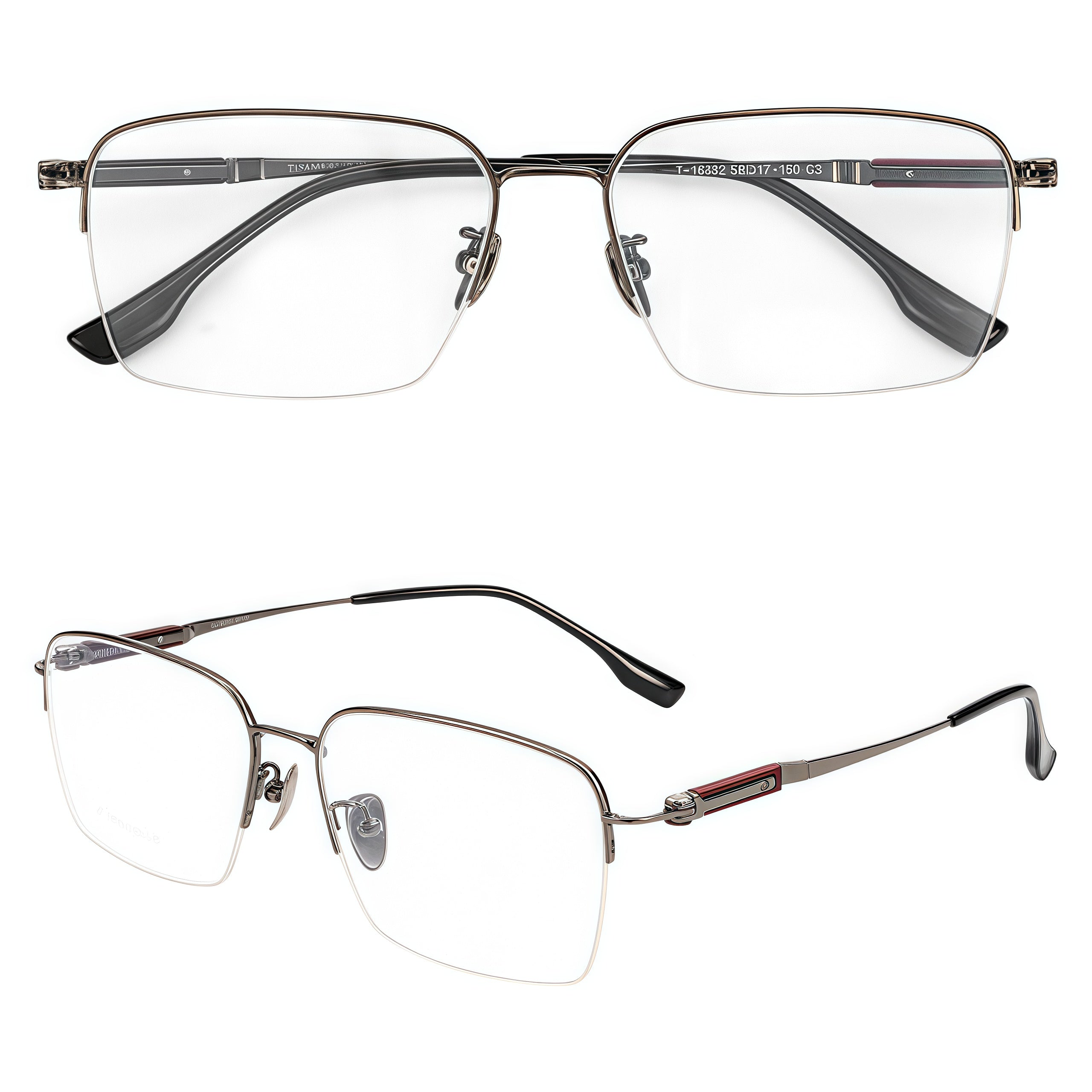 Gunmetal pure titanium semi-rimless glasses, front and 45-degree composite detail