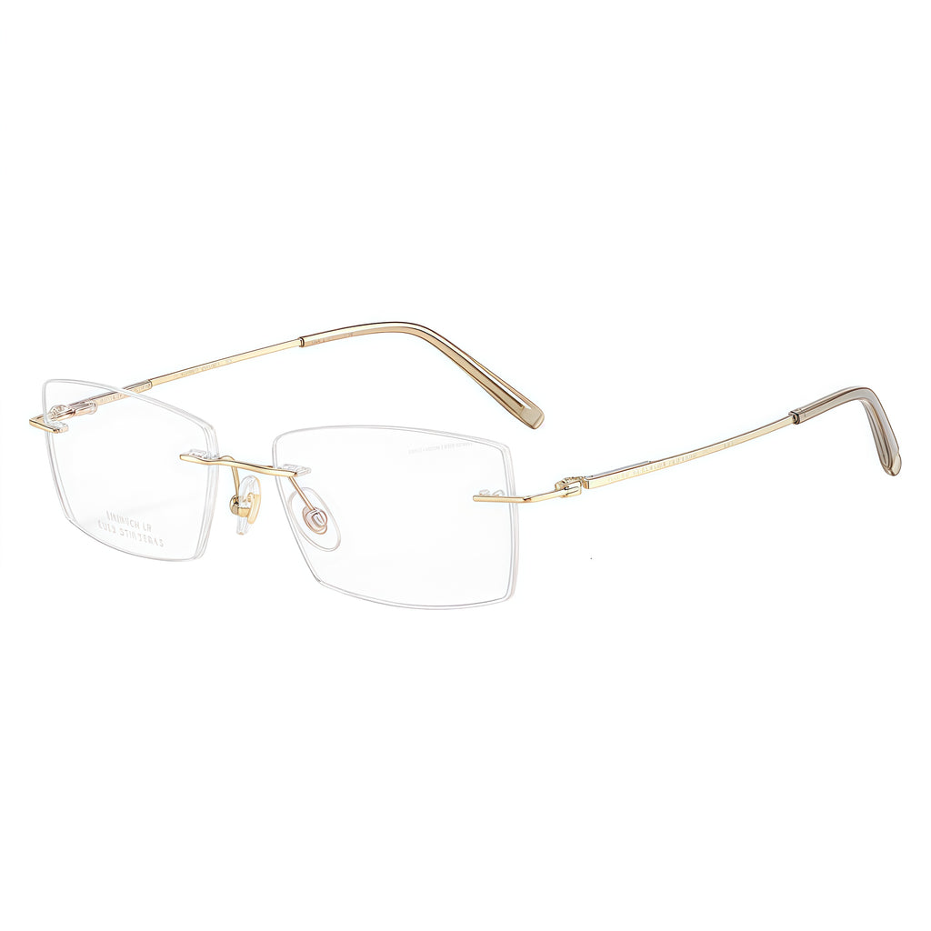 Gold rimless slim rectangular pure titanium eyeglass frames, supplier front and angle reference