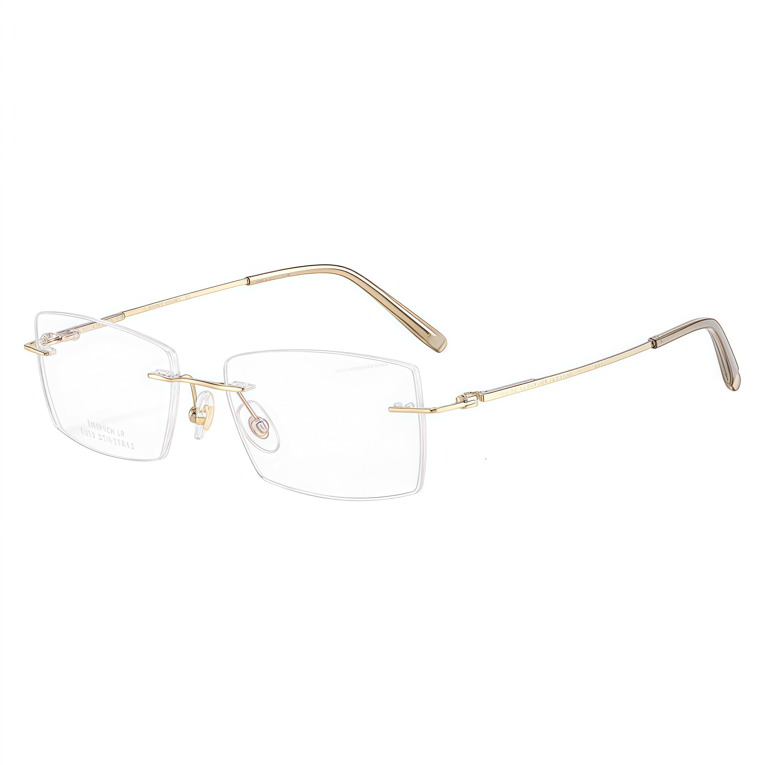 Gold rimless slim rectangular pure titanium eyeglass frames, supplier front and angle reference