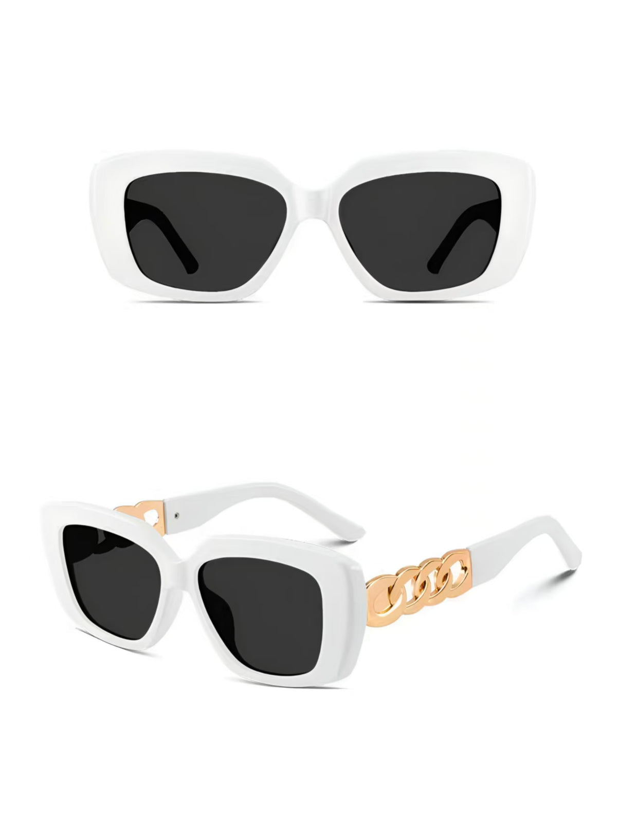 Women’s White full-rim square sunglasses, front and three-quarter views