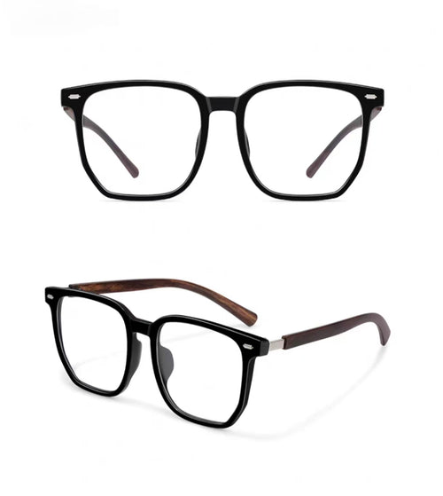 Glossy Black TR90 oversized square full-rim glasses, original front and 45-degree product detail