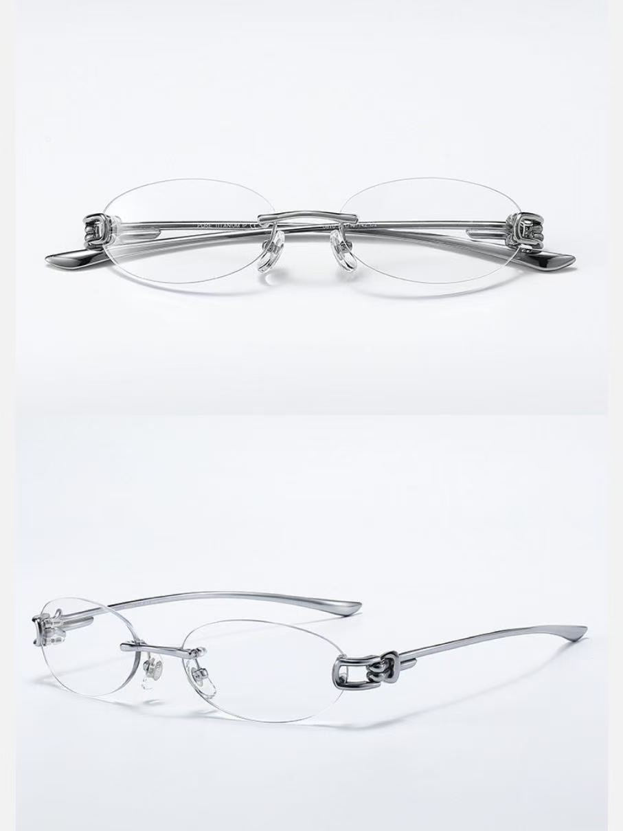 Silver unisex pure-titanium rimless knot-hinge oval glasses, front and 45-degree composite
