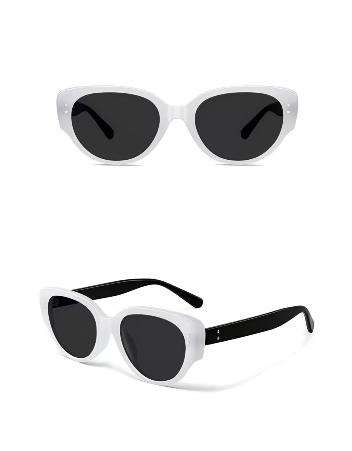 Women’s White full-rim cat-eye sunglasses, front and three-quarter views