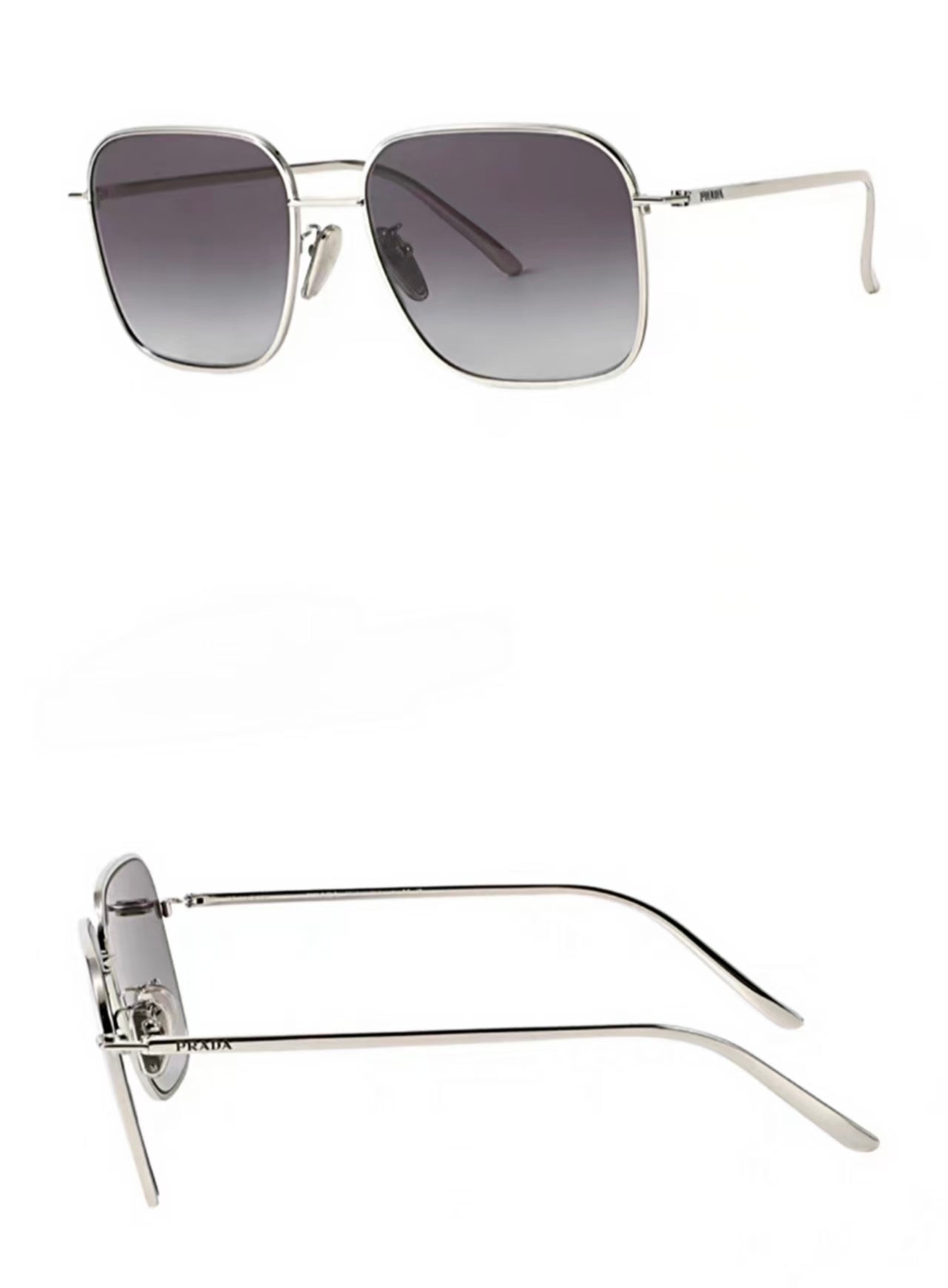 Silver 45-degree and side product views of Prada Luxury Unisex Metal Oversized Square Sunglasses