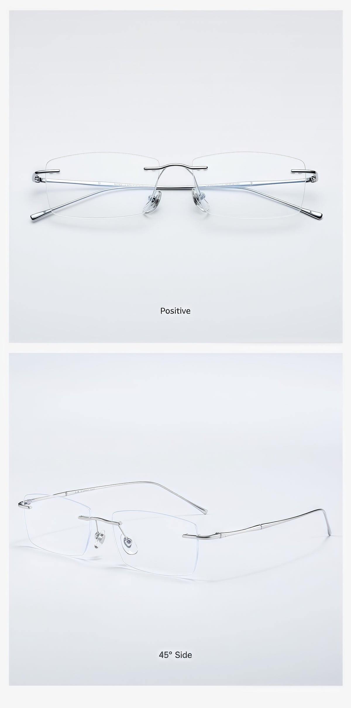 Silver beta-titanium rectangular rimless glasses, original front and 45-degree product detail
