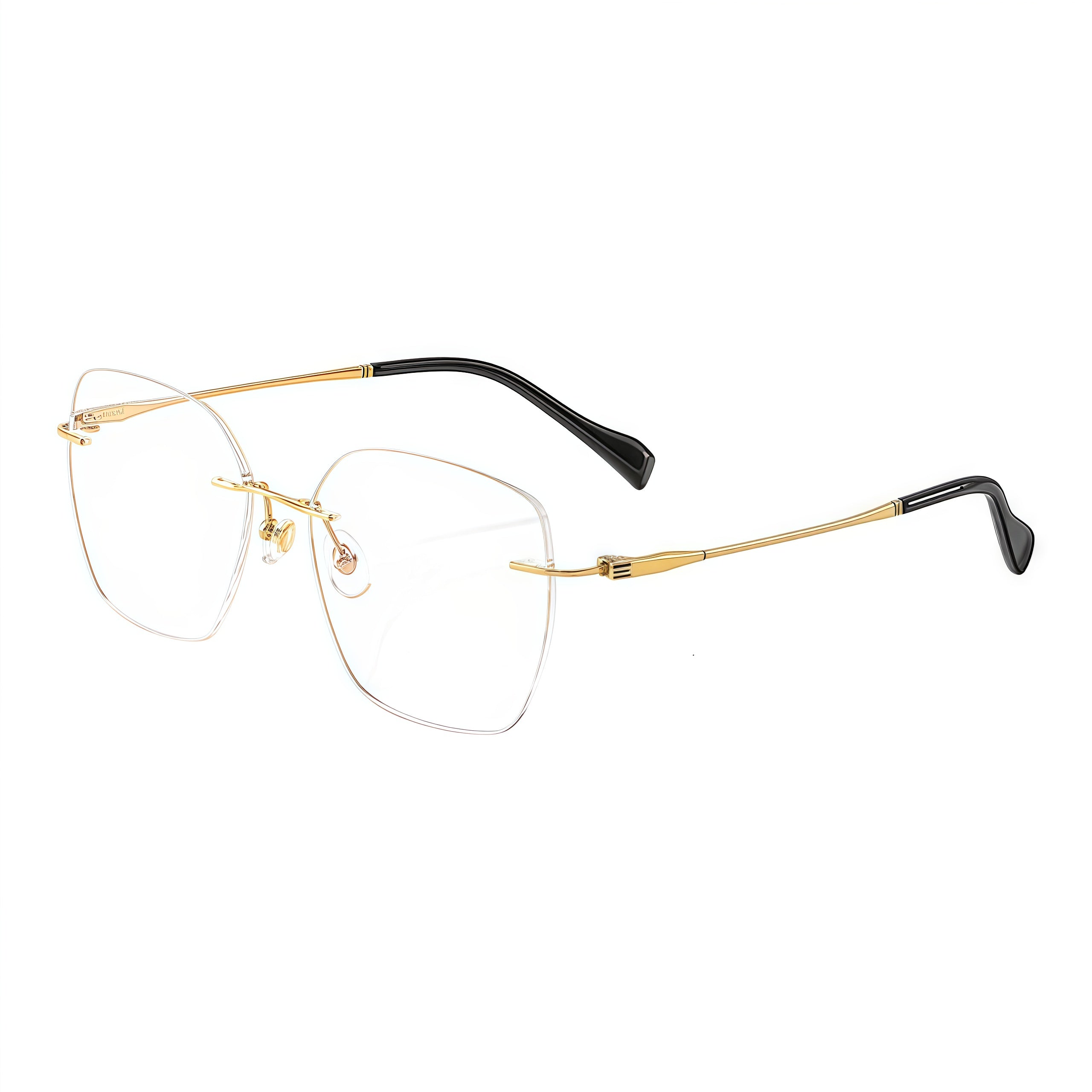 Gold rimless soft-square pure titanium eyeglass frames, supplier front and angle reference