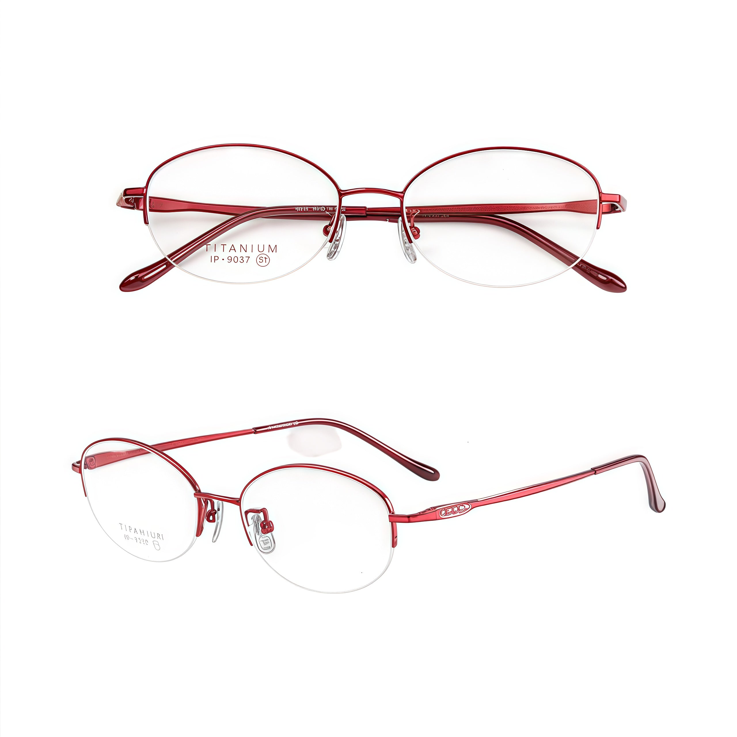 Burgundy pure-titanium semi-rimless glasses, combined front and 45-degree product views