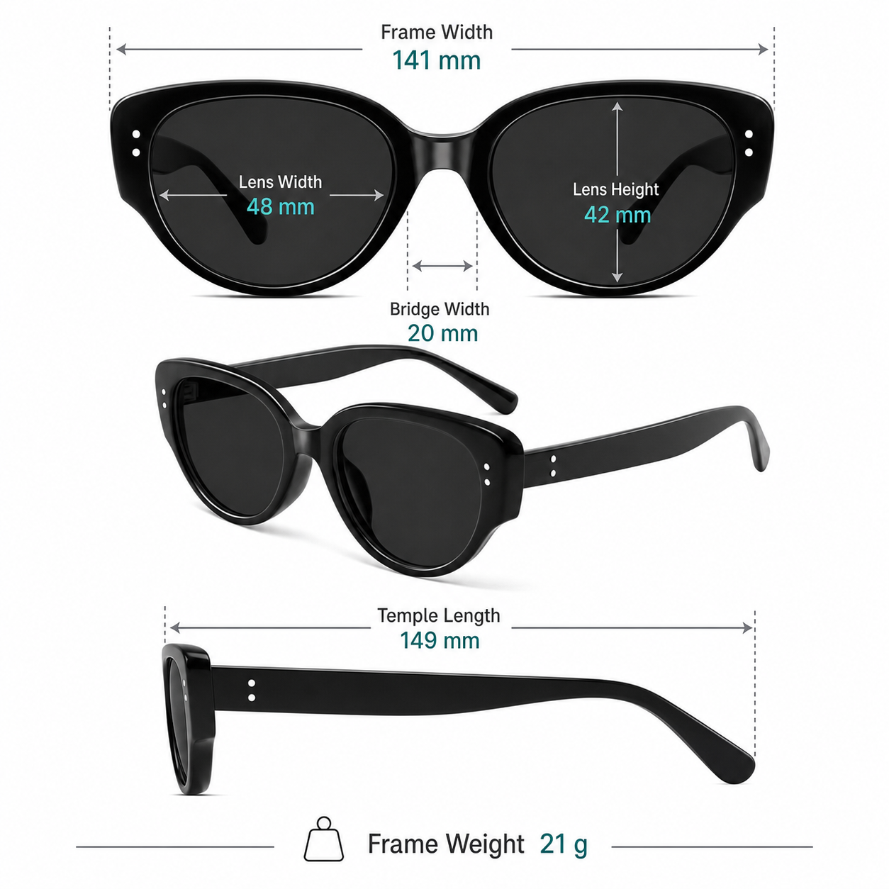 Frame measurement guide: 141 mm width, 48 mm lenses, 42 mm lens height and 21 g weight