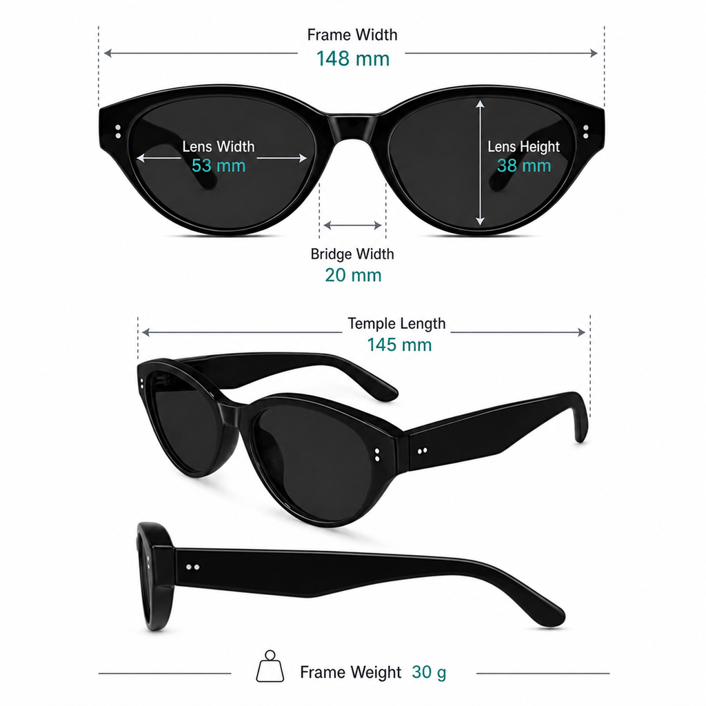 Frame measurement guide: 148 mm width, 53 mm lenses, 38 mm lens height and 30 g weight