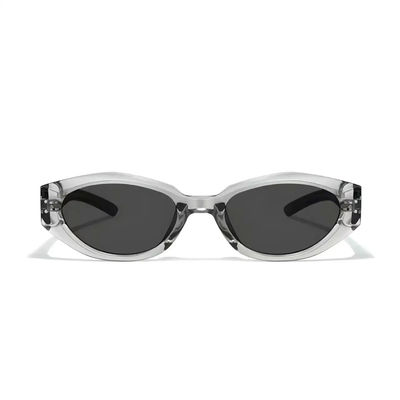 Women’s Gray full-rim small cat-eye sunglasses, straight-on product view