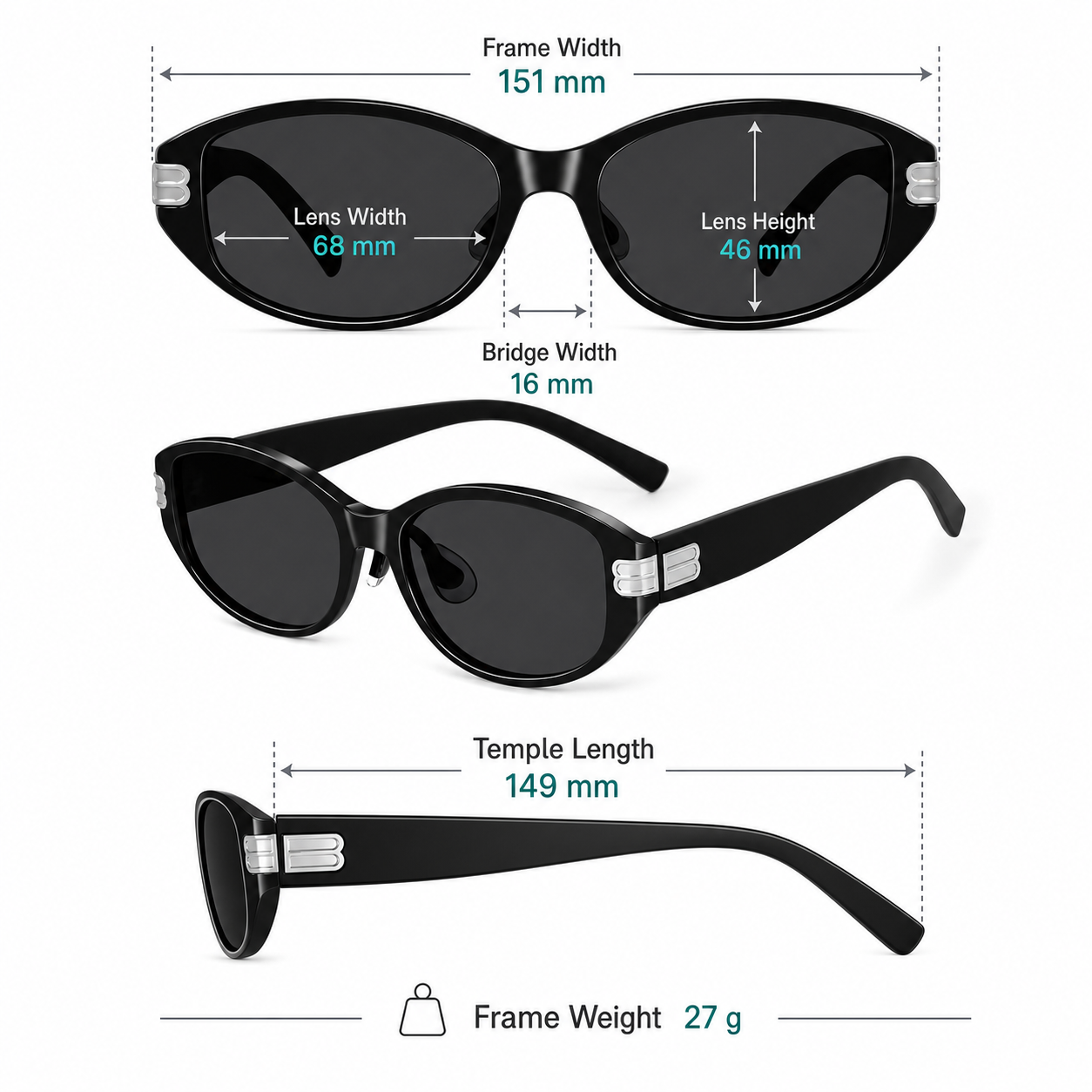 Frame measurement guide: 151 mm width, 68 mm lenses, 46 mm lens height and 27 g weight