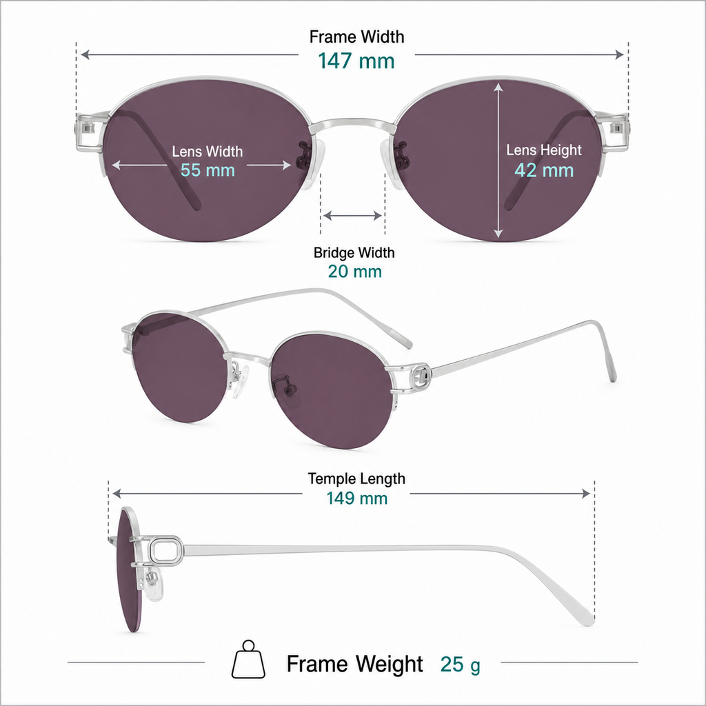 Frame measurement guide: 147 mm width, 55 mm lenses, 42 mm lens height and 25 g weight