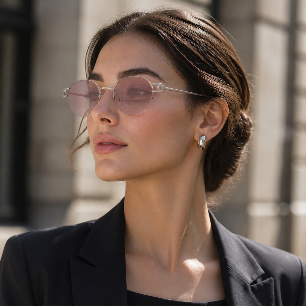 Women’s Nude Pink semi-rimless oval sunglasses, front adult model fit