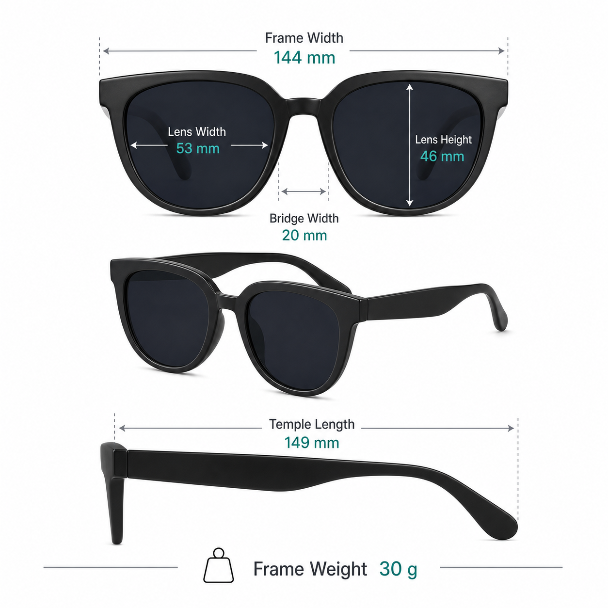 Frame measurement guide: 144 mm width, 53 mm lenses, 46 mm lens height and 30 g weight