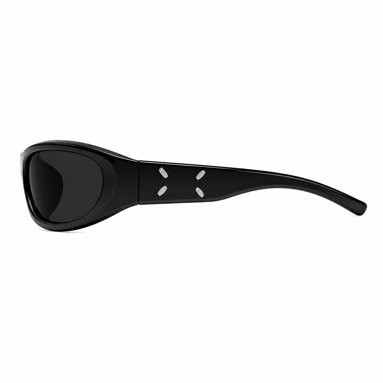 Women’s Black full-rim wraparound shield sunglasses, side-profile product view