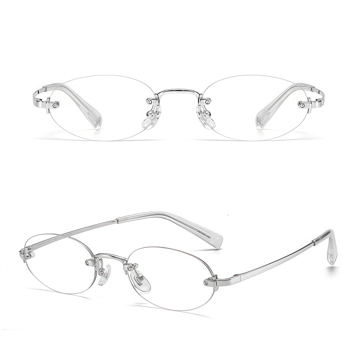 Silver/Crystal Clear women's titanium rimless narrow oval glasses, supplier front and three-quarter views