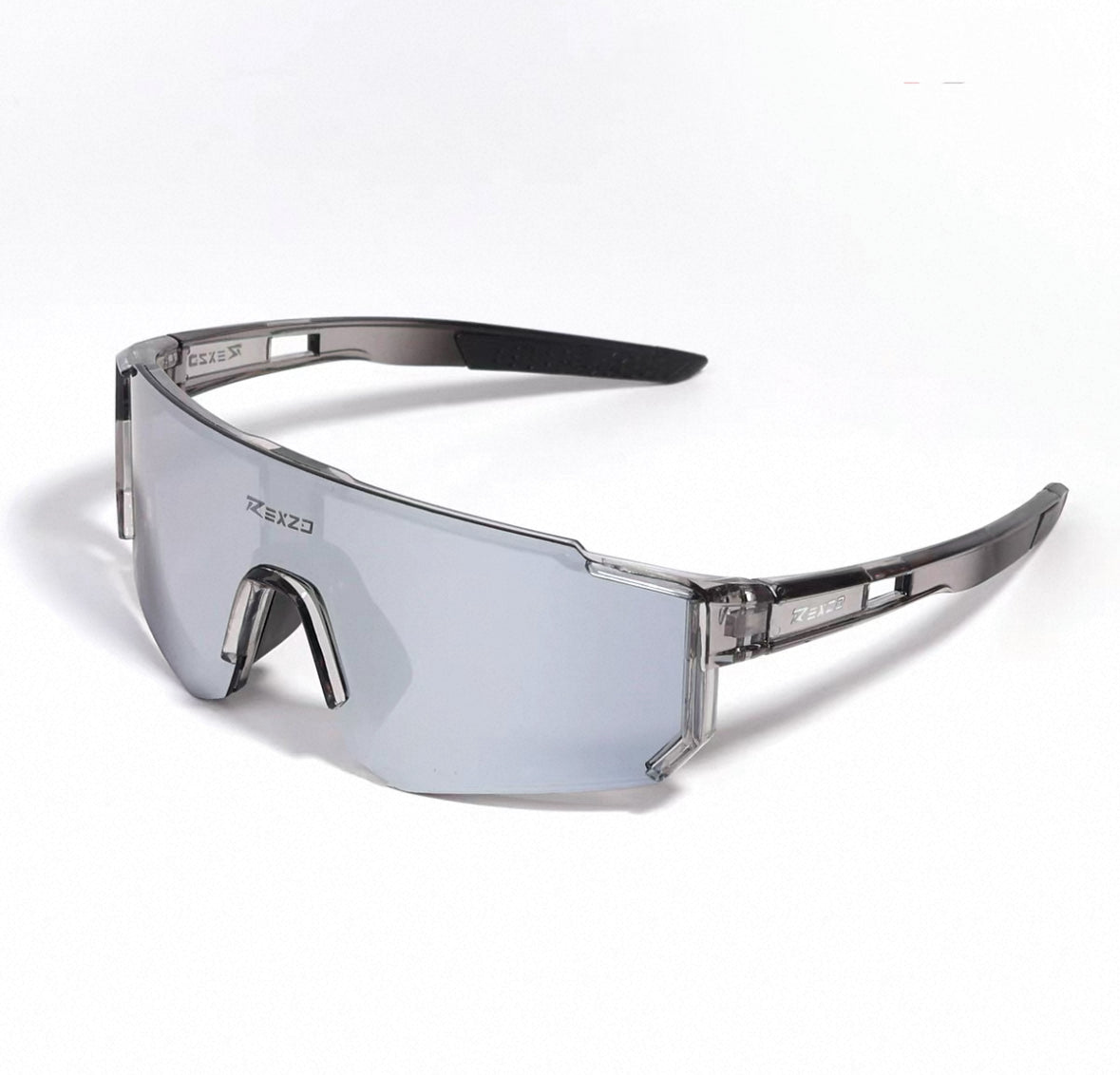 Crystal Grey Frame/Silver Mirror Lens front and 45-degree product views of Wraparound Windproof Dustproof Sports Sunglasses