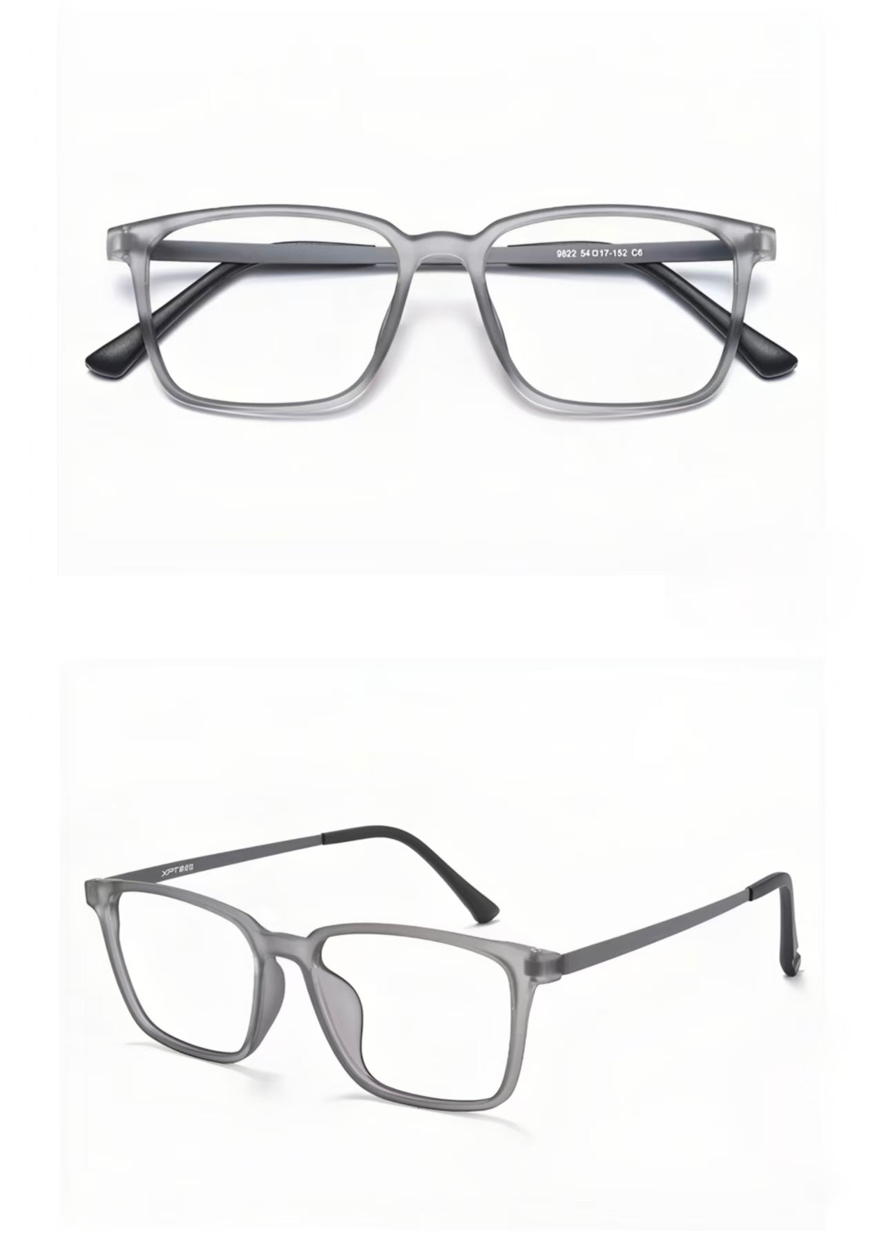 Gray ultra-light pure titanium full-rim glasses, front and 45-degree composite detail view