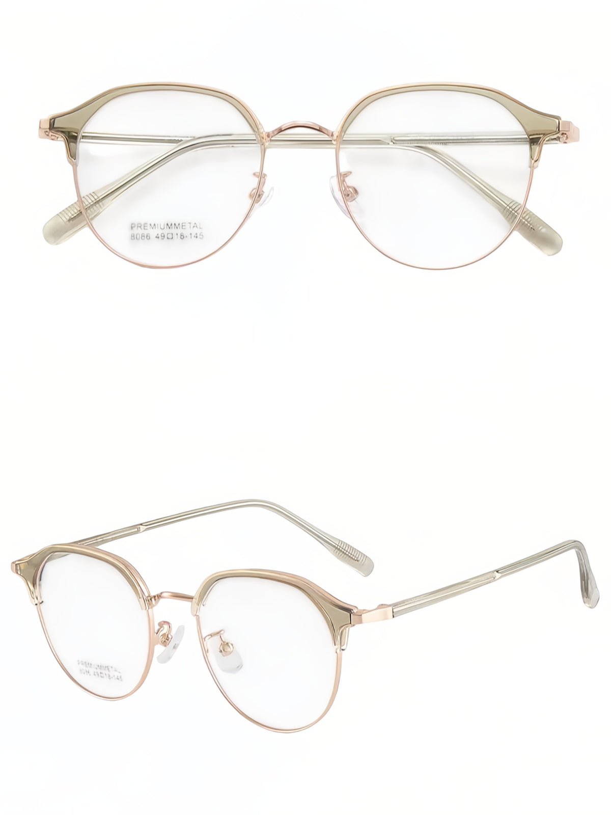 Crystal Green and Gold vintage semi-rimless browline glasses, original front and 45-degree views