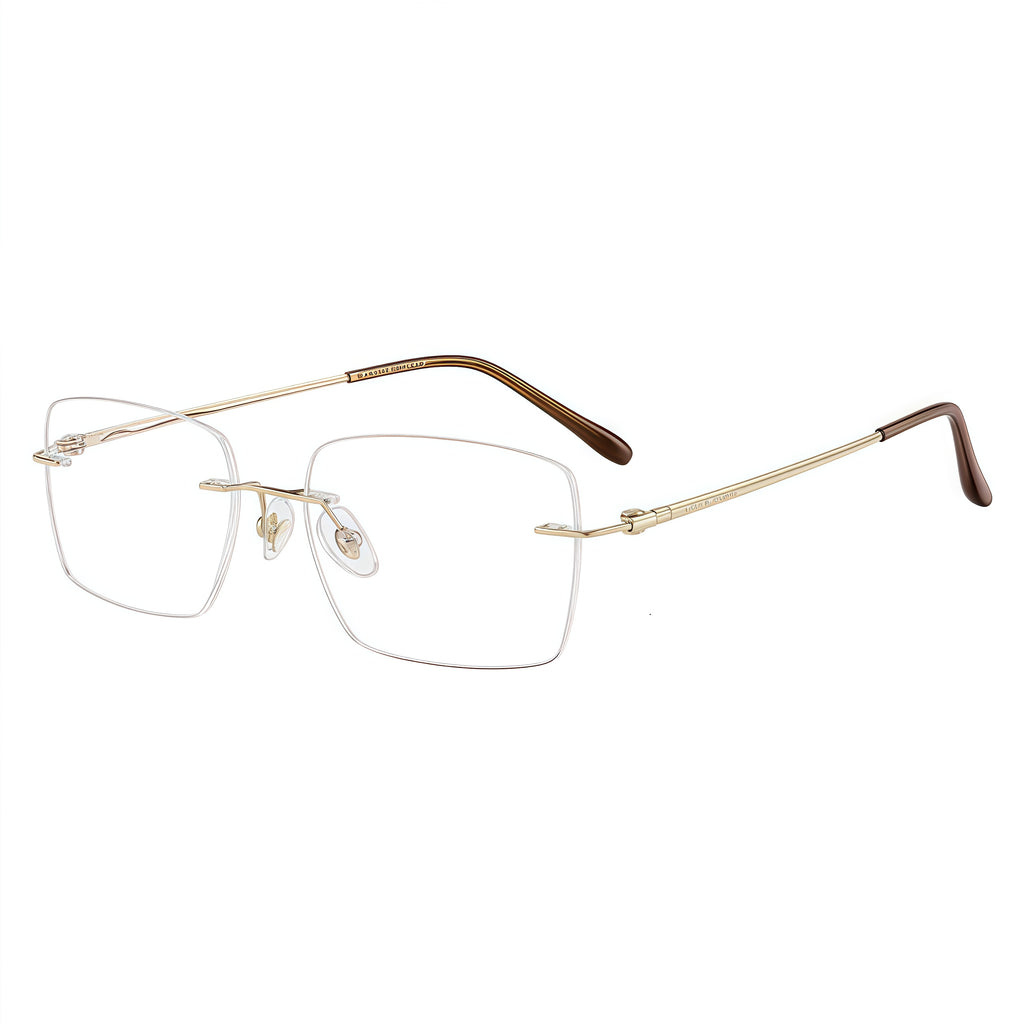 Gold men's pure titanium rounded-rectangle rimless eyeglass frames, product views