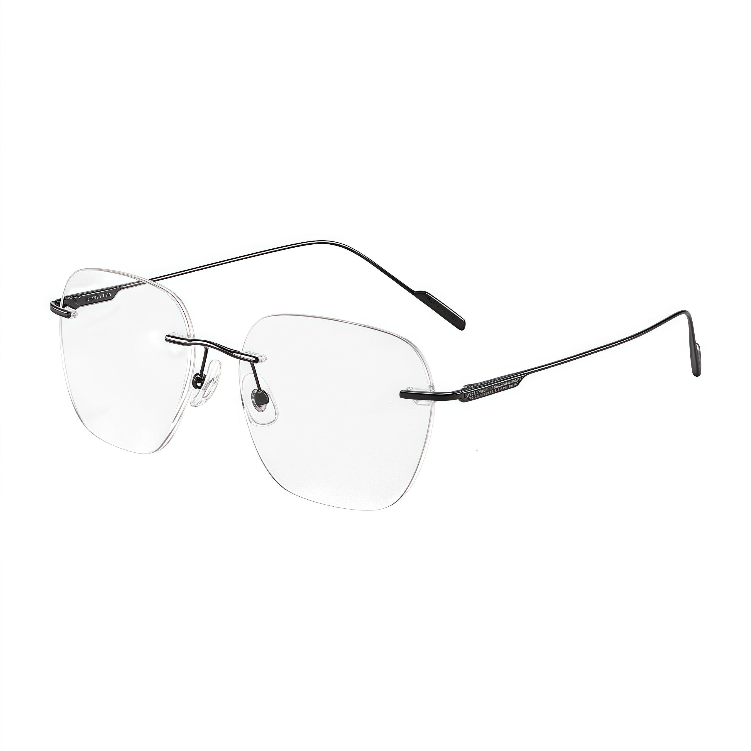 Black unisex titanium rimless geometric rectangular eyeglass frames, product view