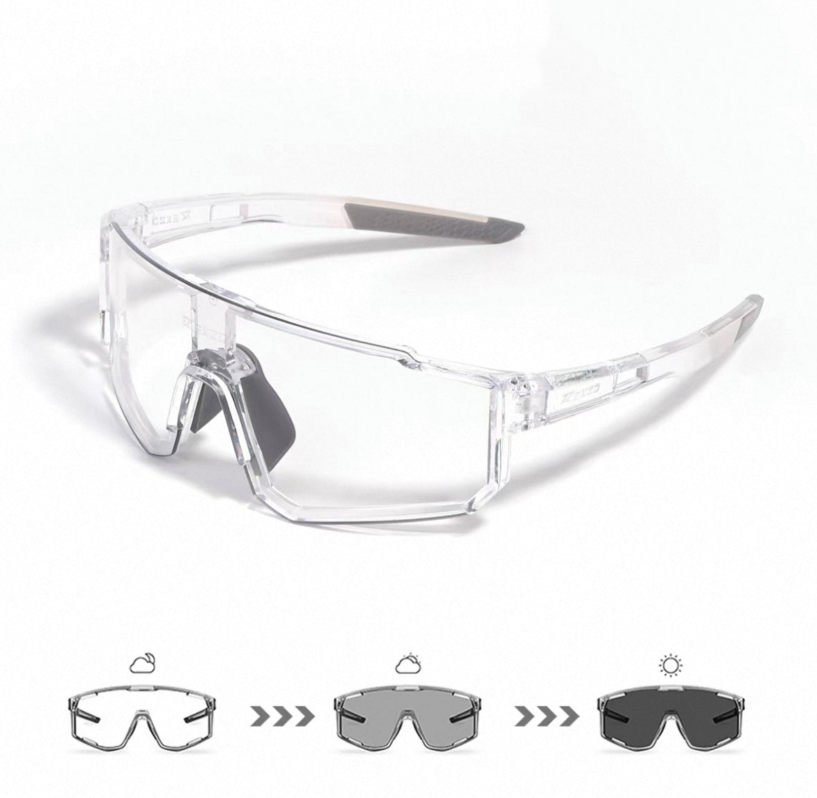 Crystal Clear Frame/Photochromic Grey Lens front and 45-degree product views of Wraparound Windproof Dustproof Sports Sunglas