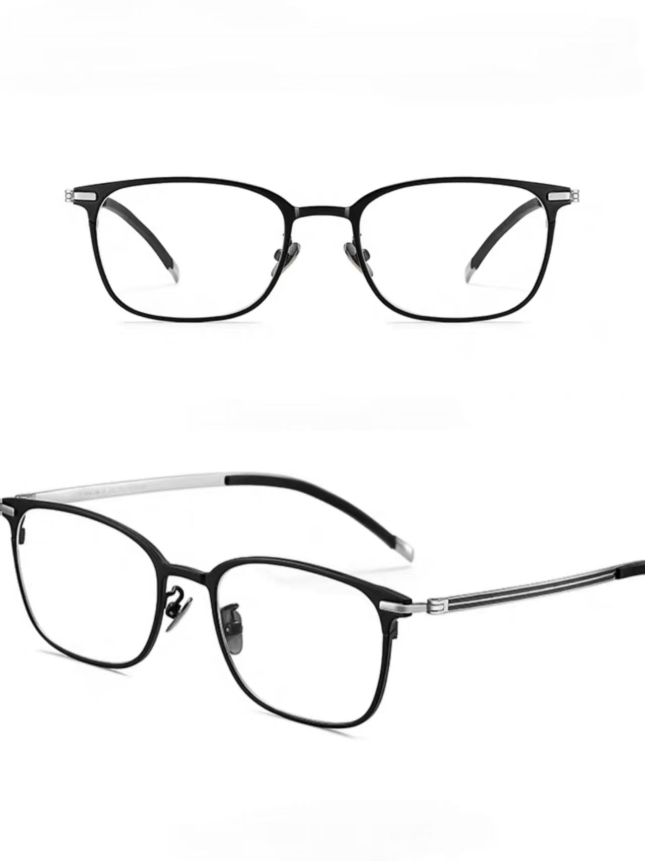 Gray&Black men's ultralight titanium-alloy shallow square glasses, supplier front and 45-degree composite detail