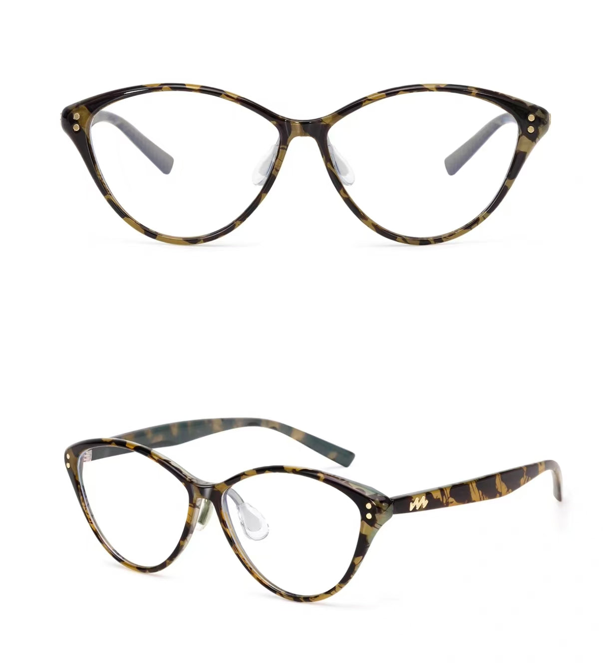 Tortoise Shell oversized cat-eye full-rim eyeglass frame, front and three-quarter product views