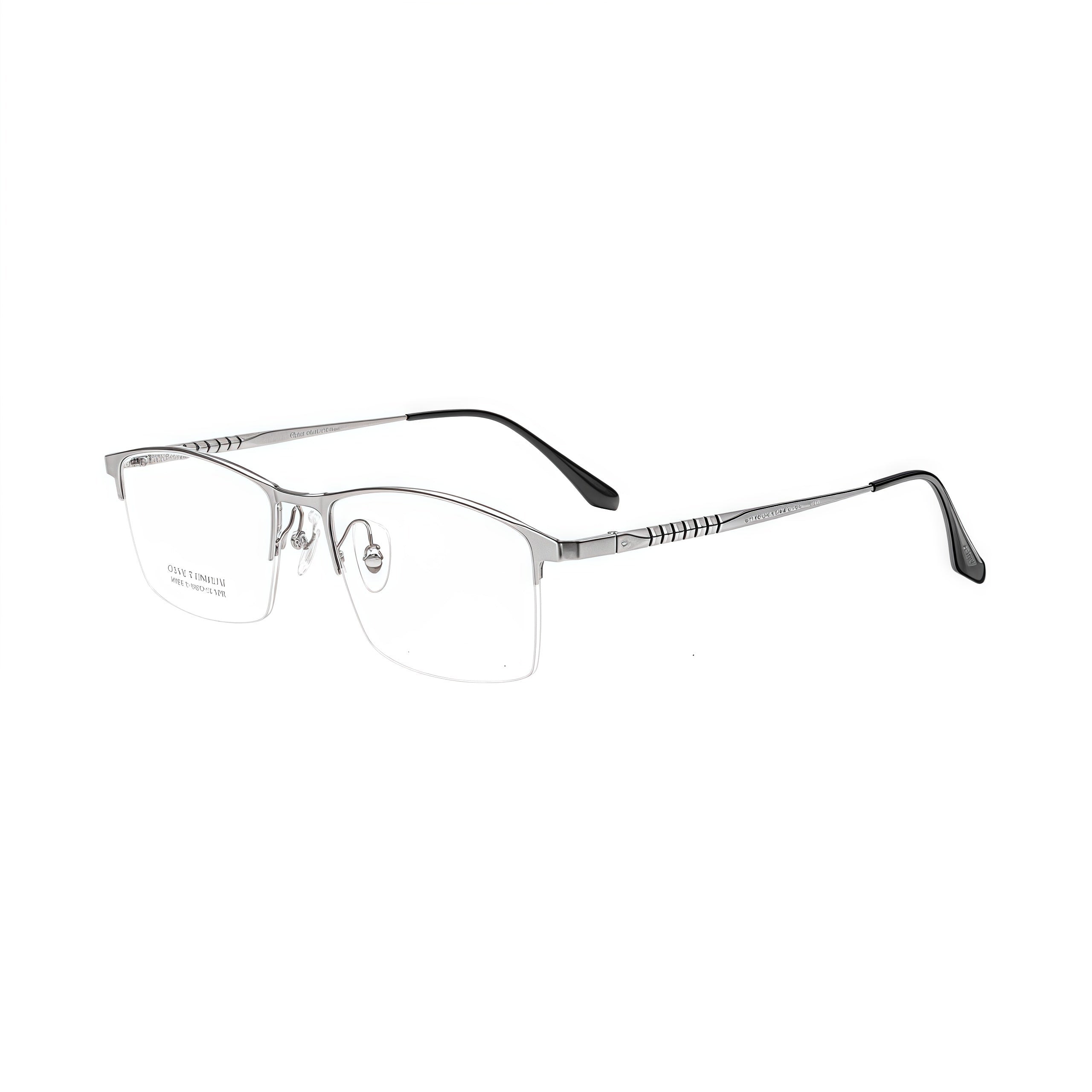 Silver unisex pure titanium rectangular semi-rimless glasses, 45-degree product view