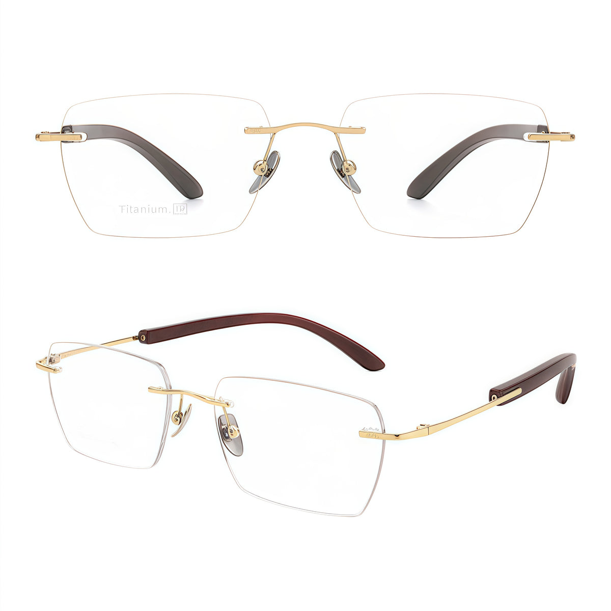 Gold men's vintage rimless rectangular glasses in front and 45-degree product views
