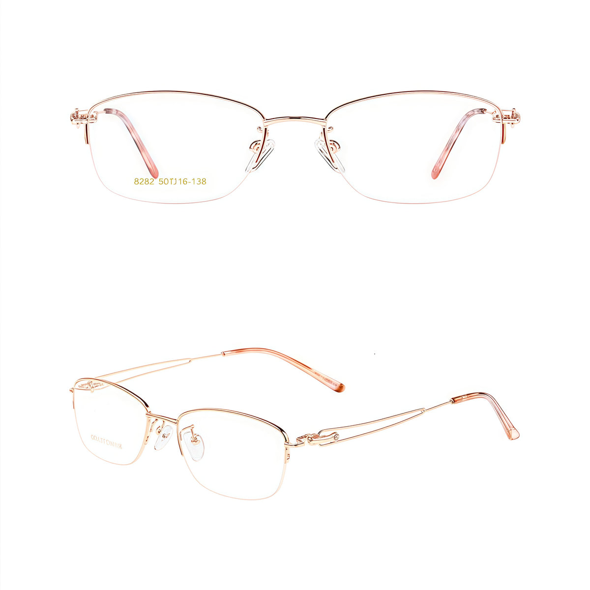 Rose Gold elegant alloy semi-rimless glasses, original front and 45-degree product views