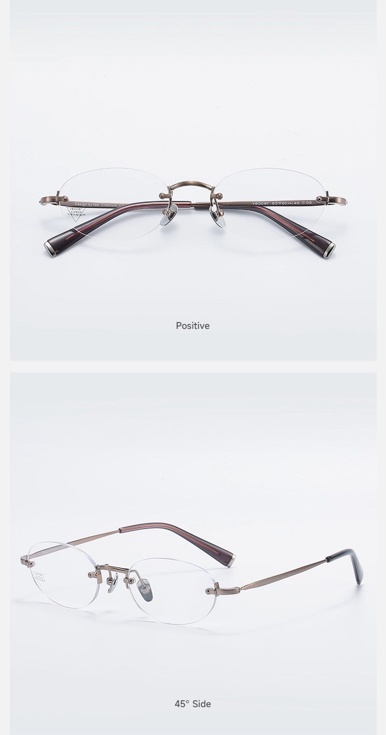 Antique Bronze/Brown women's titanium-acetate rimless rounded oval glasses, supplier front and three-quarter views