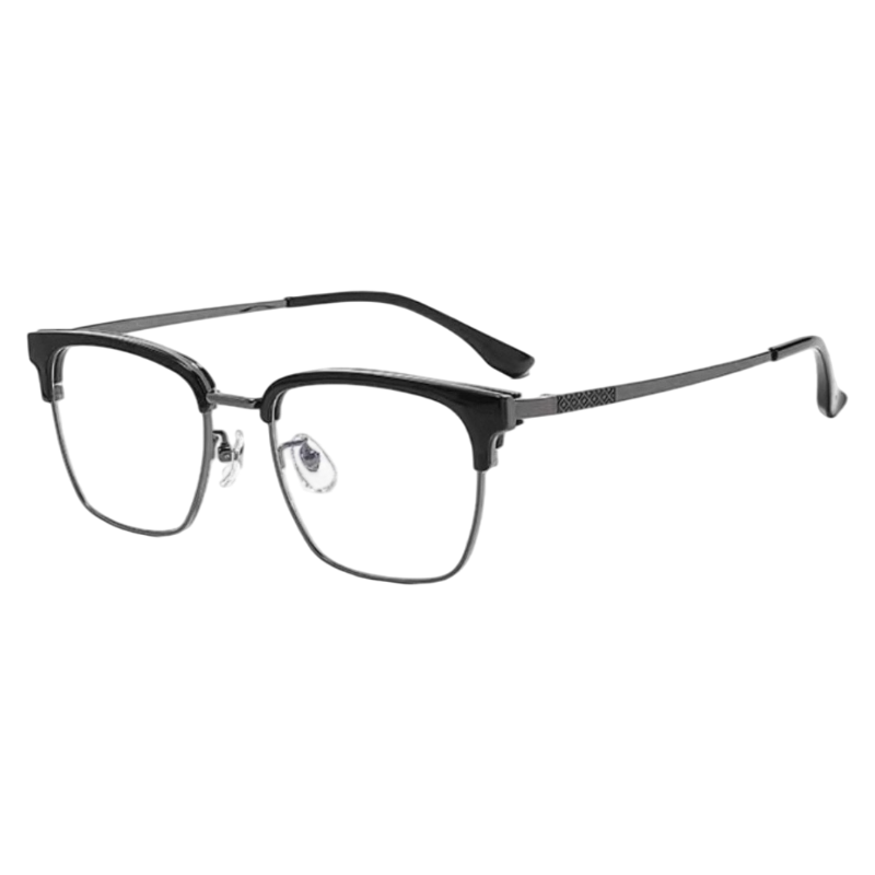 Black and Gunmetal refined square browline profile semi-rimless eyeglass frame, three-quarter product view