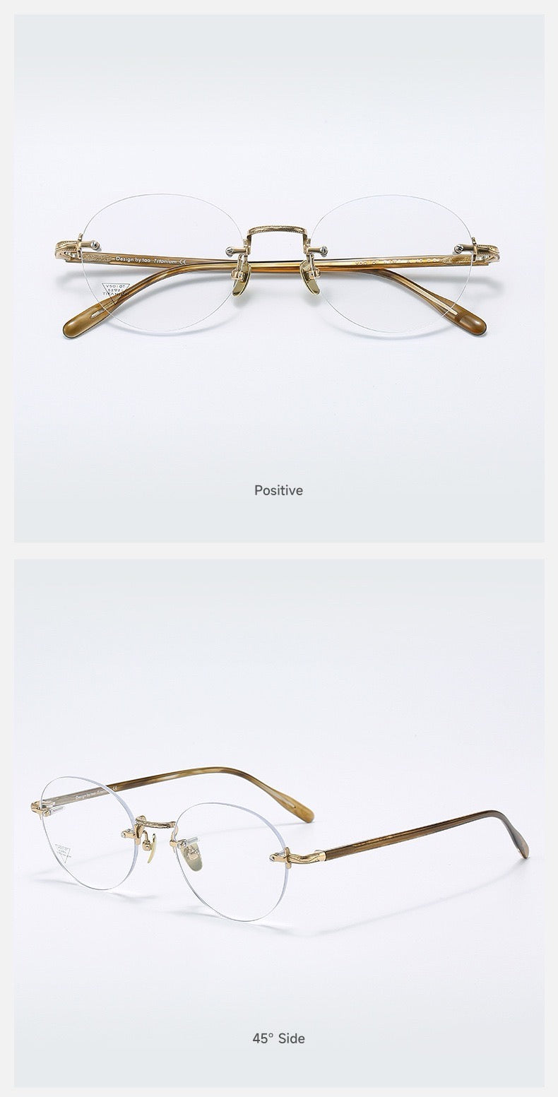Light Gold/Amber Brown women's titanium and acetate rounded geometric rimless eyeglass frames, product views