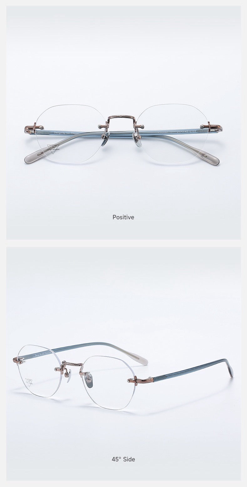 Antique Bronze/Blue Grey women's pure titanium and acetate soft-square rimless eyeglass frames, product views