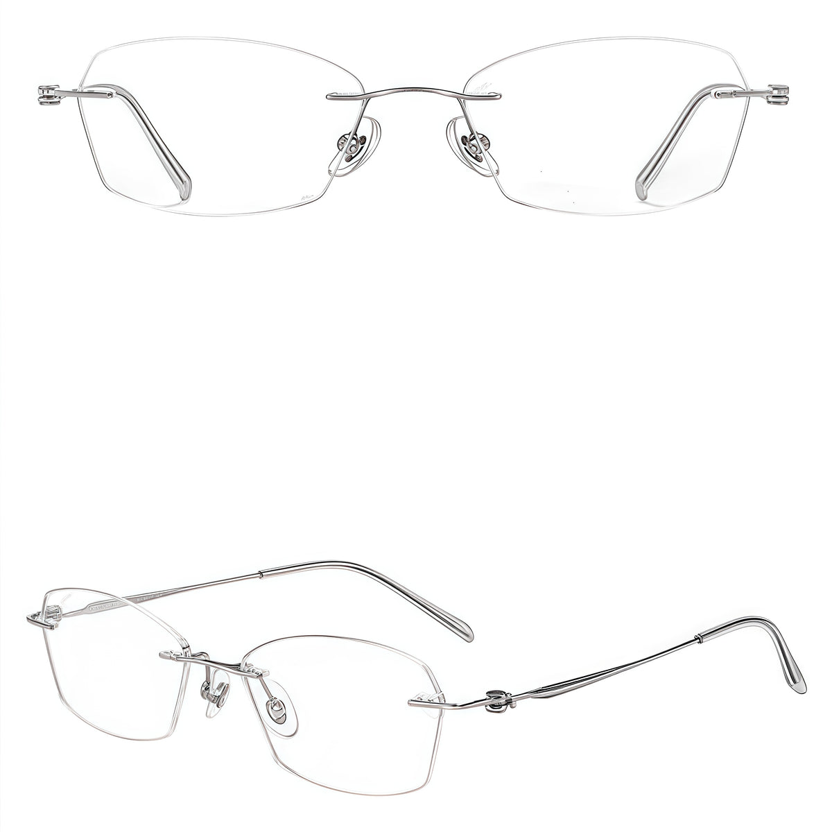 Gunmetal women's pure titanium rimless rectangular glasses in front and 45-degree product views